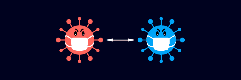 Dessin de virus fâchés (un rouge et un bleu) portant des masques